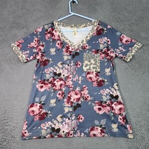 Flamingo Shirt Womens Medium Blue Floral Leopard Pocket V Neck Short Sleeve Top